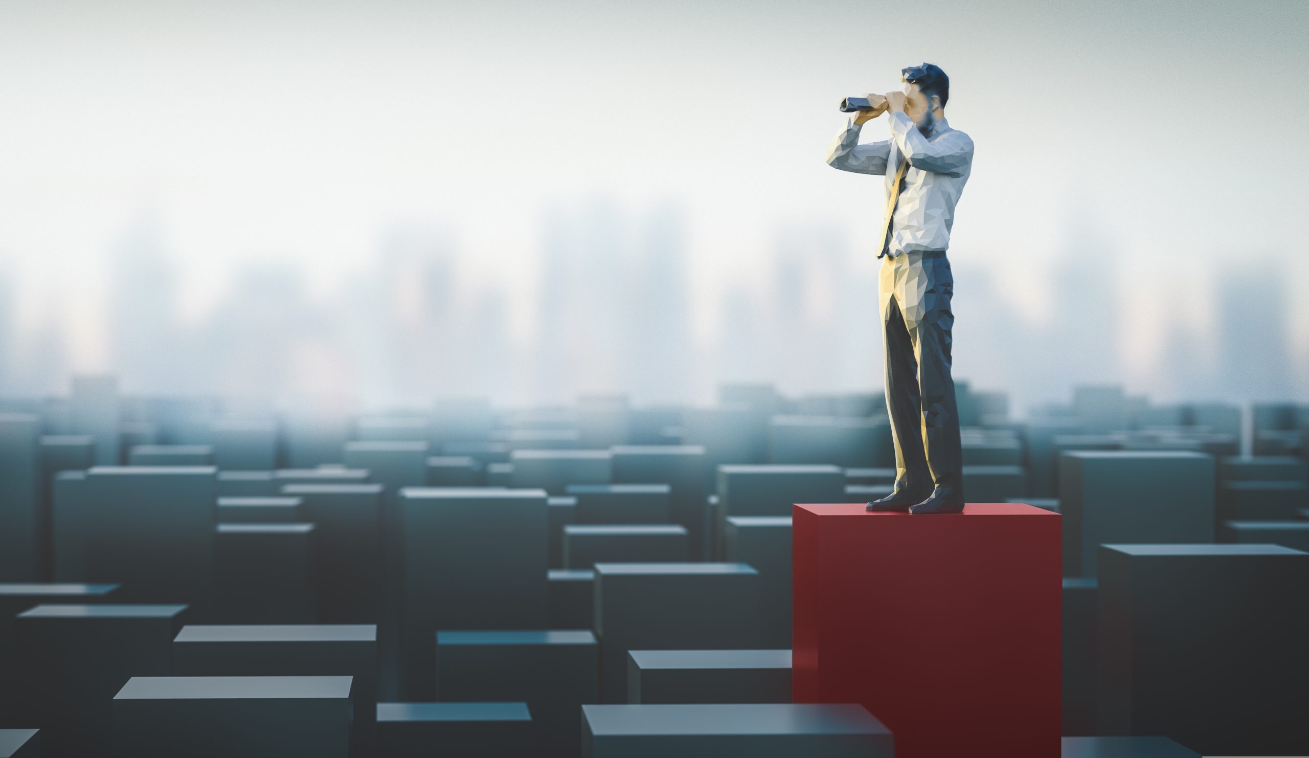 Guy standing on red block apart and above others looking out there a telescope