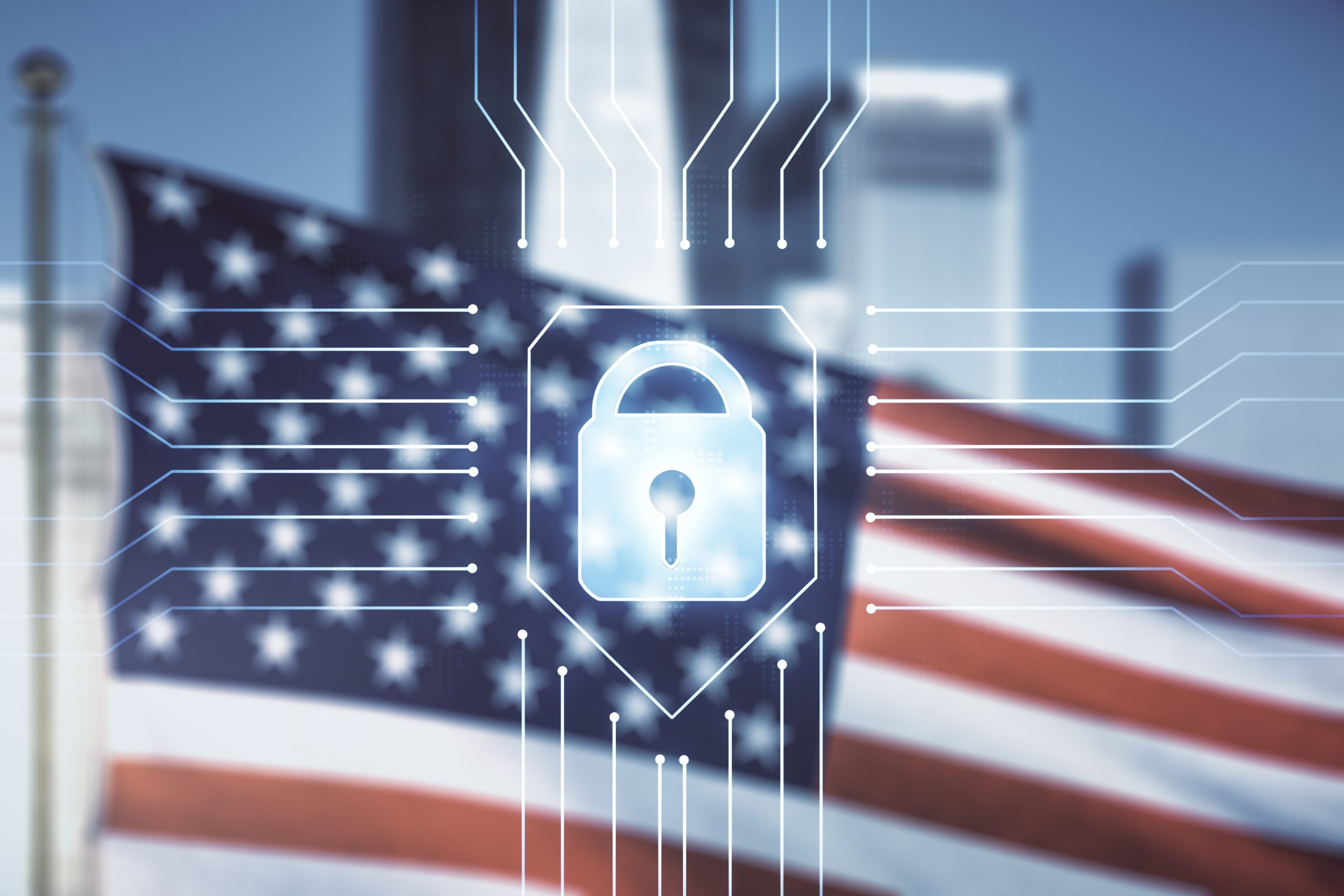 Virtual creative lock sketch with chip hologram on US flag and skyline background, protection of personal data concept. Multiexposure