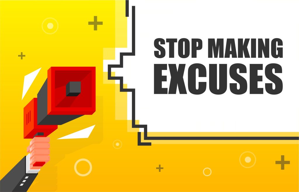 Stop Making Excuses banner template. Marketing flyer with megaphone. Isometric and pixel style. Template for retail promotion and announcement. Vector illustration