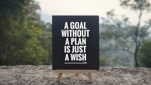 ‘A goal without a plan is just a wish’ written on a blackboard. Blurred styled background.